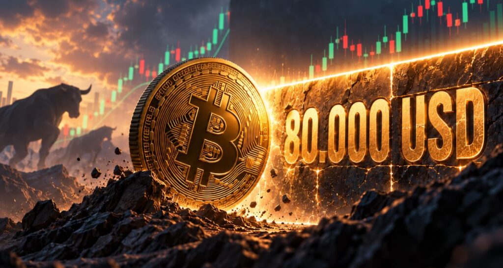 Una moneda física de bitcoin que intenta superar una barrera que dice 80.000 USD.