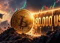 Una moneda física de bitcoin que intenta superar una barrera que dice 80.000 USD.