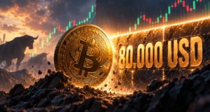 Una moneda física de bitcoin que intenta superar una barrera que dice 80.000 USD.
