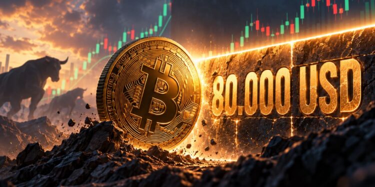 Una moneda física de bitcoin que intenta superar una barrera que dice 80.000 USD.