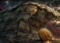 Una ola compuesta por bonos soberanos a punto de impactar contra una moneda física de bitcoin.