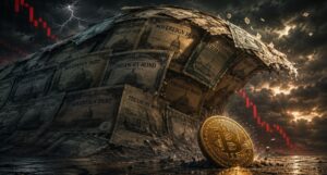 Una ola compuesta por bonos soberanos a punto de impactar contra una moneda física de bitcoin.
