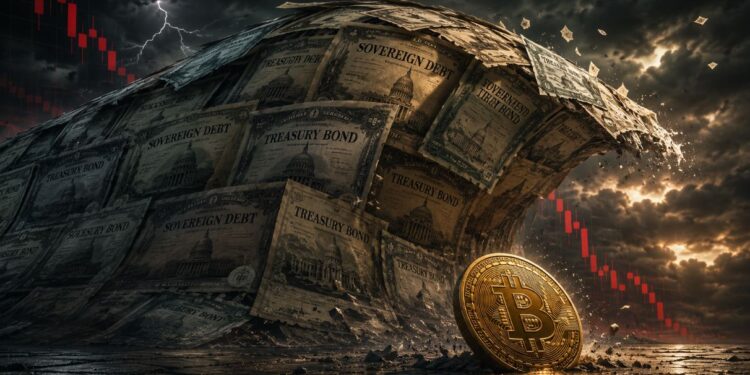 Una ola compuesta por bonos soberanos a punto de impactar contra una moneda física de bitcoin.