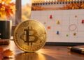 Una moneda física de bitcoin delante de un calendario