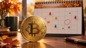 Una moneda física de bitcoin delante de un calendario
