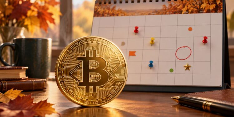 Una moneda física de bitcoin delante de un calendario