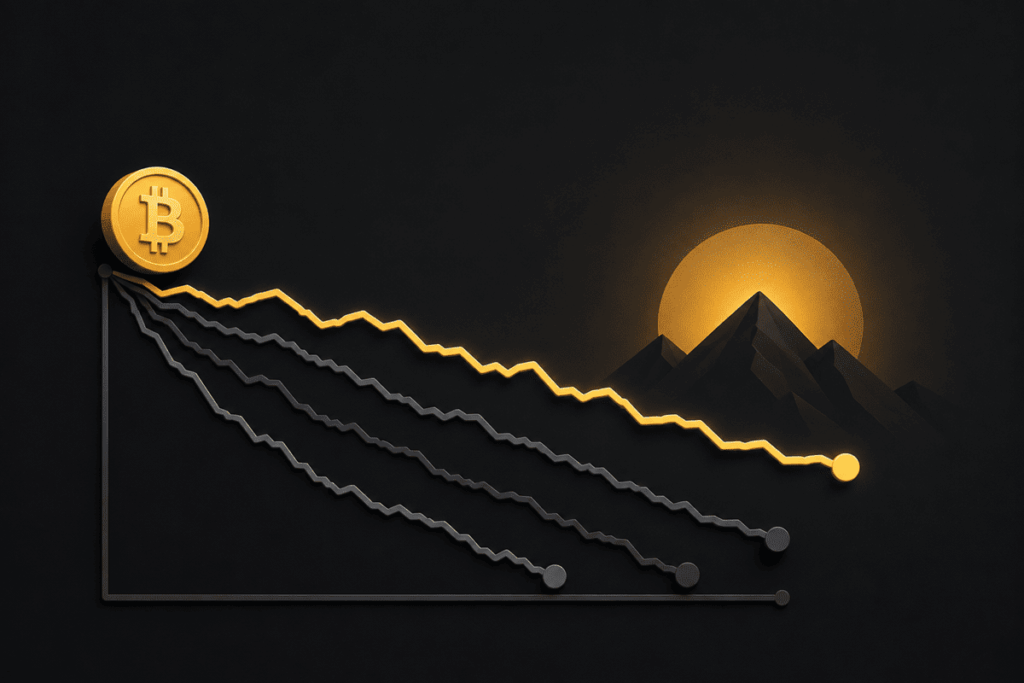 Bitcoin dorado sobre un gráfico con varias líneas descendentes, destacando una caída menos pronunciada.