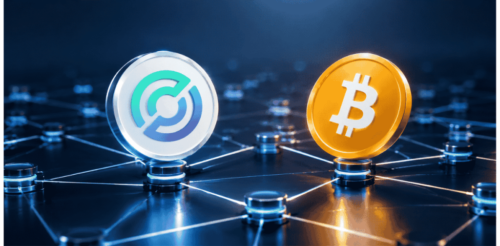Logo de Circle y de BTC sobre una red de criptomonedas.