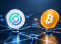 Logo de Circle y de BTC sobre una red de criptomonedas.