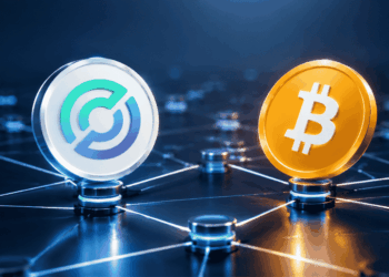 Logo de Circle y de BTC sobre una red de criptomonedas.