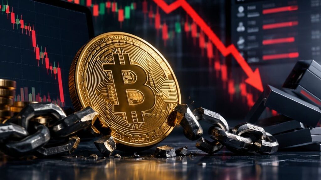 Moneda de Bitcoin dorada sobre una cadena metálica rota.