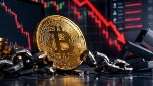 Moneda de Bitcoin dorada sobre una cadena metálica rota.