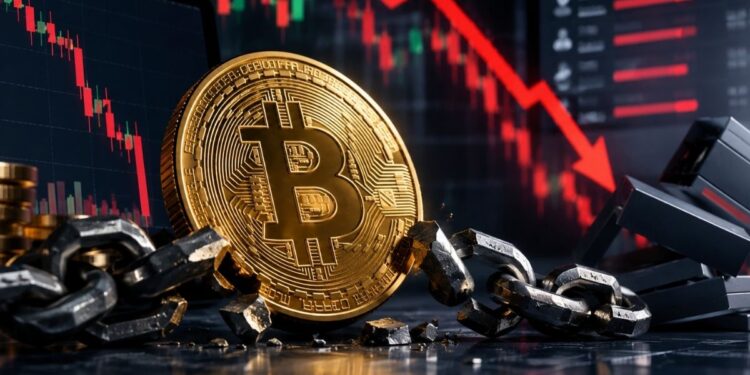 Moneda de Bitcoin dorada sobre una cadena metálica rota.