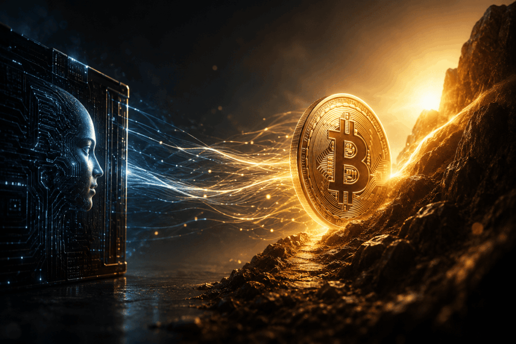 Imagen realista de una moneda de Bitcoin dorada iluminada sobre una montaña rocosa.