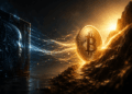 Imagen realista de una moneda de Bitcoin dorada iluminada sobre una montaña rocosa.