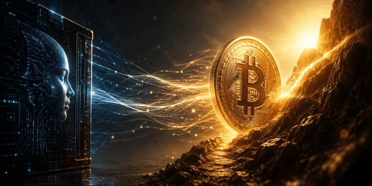 Imagen realista de una moneda de Bitcoin dorada iluminada sobre una montaña rocosa.