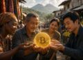 Grupo diverso de personas en un mercado al aire libre sostiene juntas una moneda dorada brillante de bitcoin