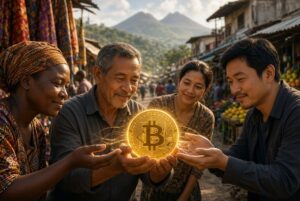 Grupo diverso de personas en un mercado al aire libre sostiene juntas una moneda dorada brillante de bitcoin