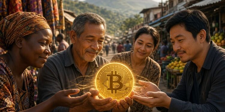 Grupo diverso de personas en un mercado al aire libre sostiene juntas una moneda dorada brillante de bitcoin