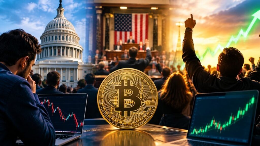 Personas analizando y celebrando el aumento del precio de una moneda de Bitcoin, con el Capitolio de EE.UU. y gráficos de trading de fondo.