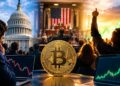 Personas analizando y celebrando el aumento del precio de una moneda de Bitcoin, con el Capitolio de EE.UU. y gráficos de trading de fondo.