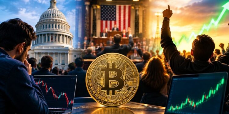 Personas analizando y celebrando el aumento del precio de una moneda de Bitcoin, con el Capitolio de EE.UU. y gráficos de trading de fondo.