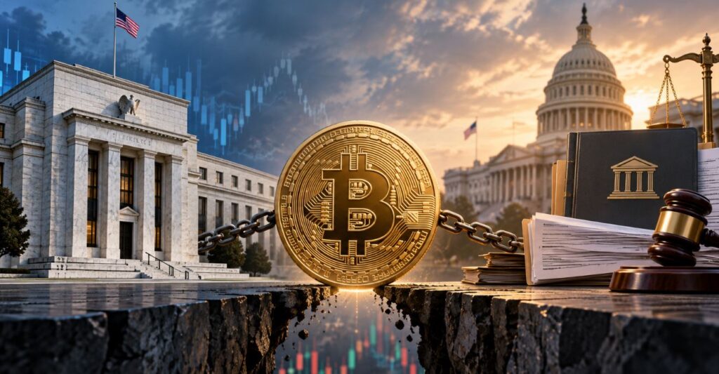 Una moneda física de bitcoin entre el edificio de la FED y el Congreso de Estados Unidos.