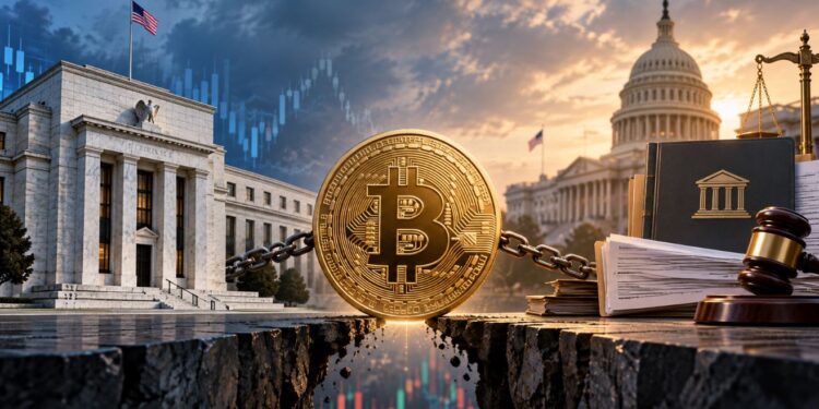 Una moneda física de bitcoin entre el edificio de la FED y el Congreso de Estados Unidos.