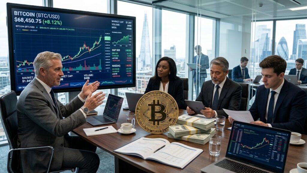 Bitcoin junto a grandes millonarios, dólares y gráficas de mercado.