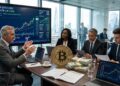 Bitcoin junto a grandes millonarios, dólares y gráficas de mercado.