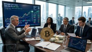 Bitcoin junto a grandes millonarios, dólares y gráficas de mercado.