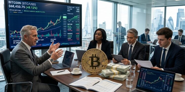 Bitcoin junto a grandes millonarios, dólares y gráficas de mercado.