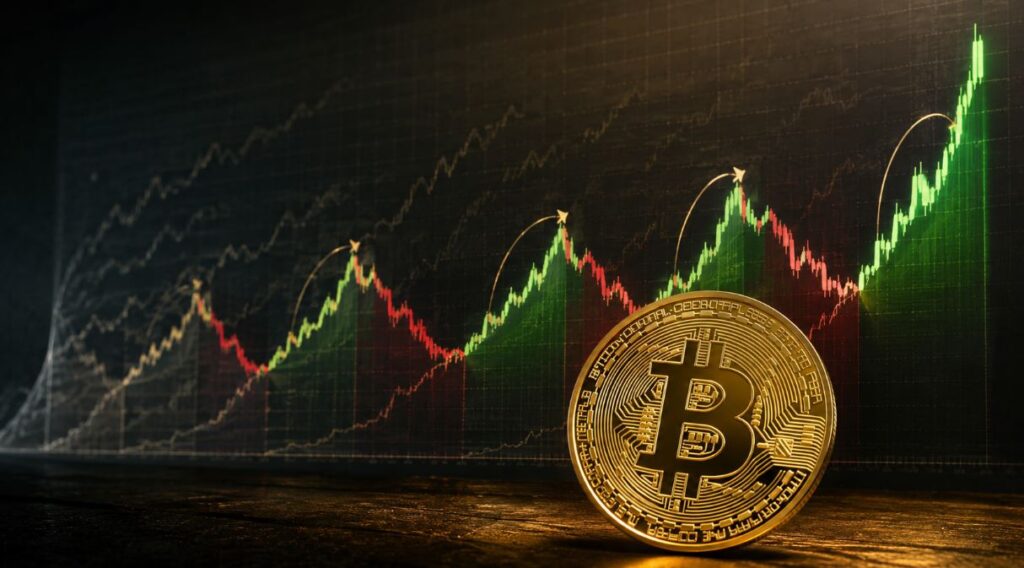Una moneda física de bitcoin delante de gráficos de precio.