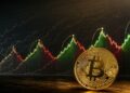 Una moneda física de bitcoin delante de gráficos de precio.