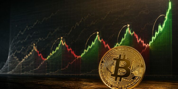 Una moneda física de bitcoin delante de gráficos de precio.