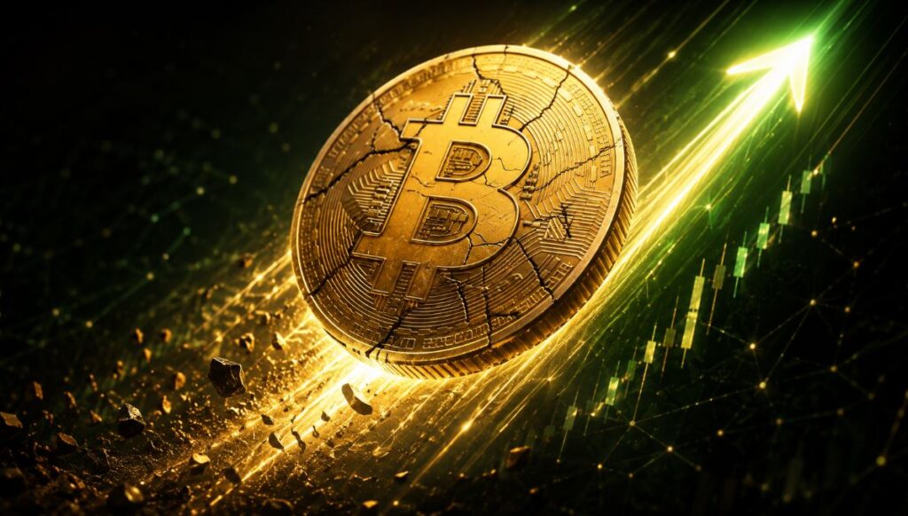 Una moneda física de bitcoin con grietas se desliza sobre una flecha verde.