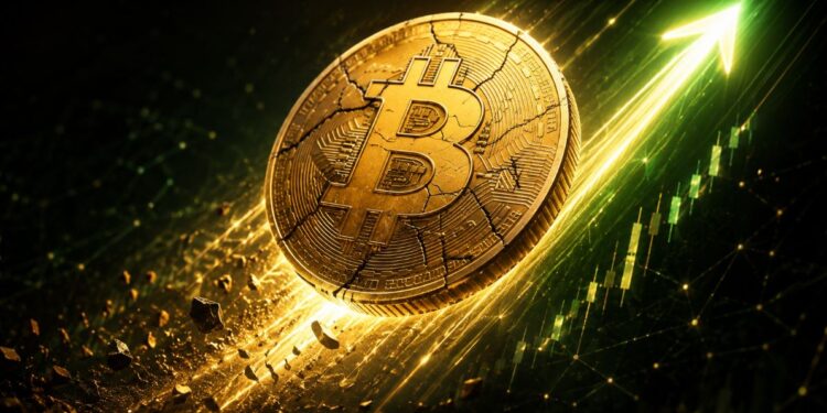 Una moneda física de bitcoin con grietas se desliza sobre una flecha verde.