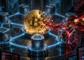 Una moneda de bitcoin que se desintegra.