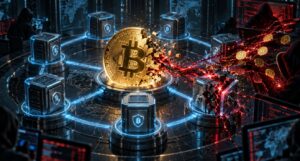 Una moneda de bitcoin que se desintegra.