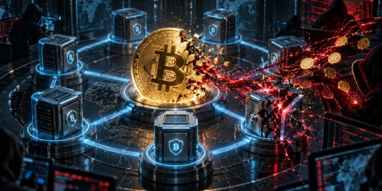 Una moneda de bitcoin que se desintegra.