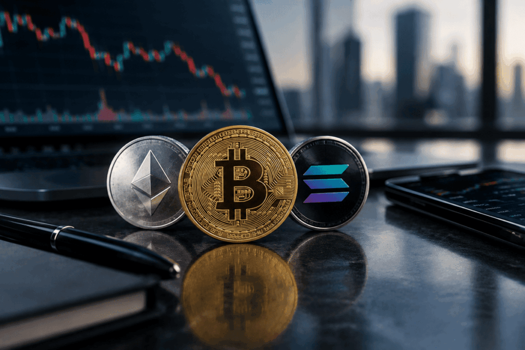 Monedas de Bitcoin, Ethereum y Solana sobre un escritorio financiero con gráficos de mercado.