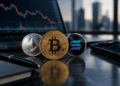 Monedas de Bitcoin, Ethereum y Solana sobre un escritorio financiero con gráficos de mercado.