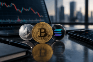 Monedas de Bitcoin, Ethereum y Solana sobre un escritorio financiero con gráficos de mercado.
