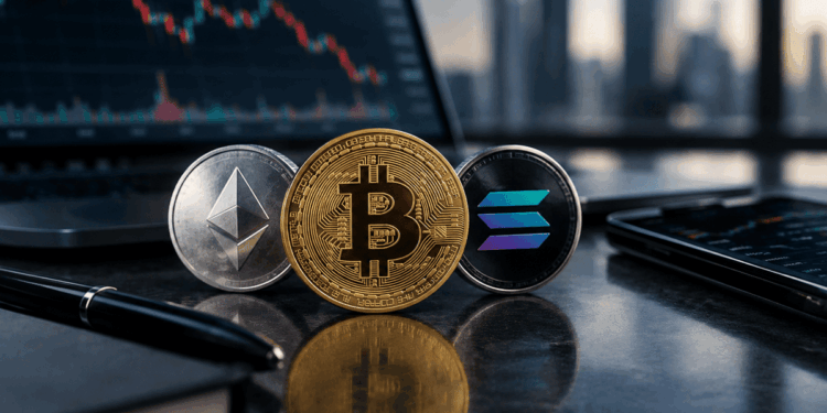 Monedas de Bitcoin, Ethereum y Solana sobre un escritorio financiero con gráficos de mercado.