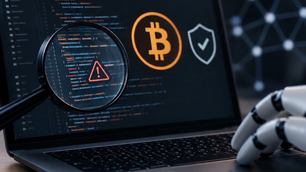Laptop con código de programación, símbolo de Bitcoin y una lupa mientras una mano robótica interactúa con el equipo