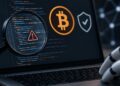 Laptop con código de programación, símbolo de Bitcoin y una lupa mientras una mano robótica interactúa con el equipo