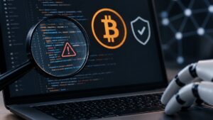 Laptop con código de programación, símbolo de Bitcoin y una lupa mientras una mano robótica interactúa con el equipo