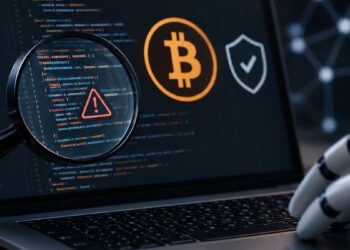Laptop con código de programación, símbolo de Bitcoin y una lupa mientras una mano robótica interactúa con el equipo