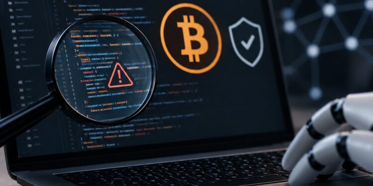 Laptop con código de programación, símbolo de Bitcoin y una lupa mientras una mano robótica interactúa con el equipo