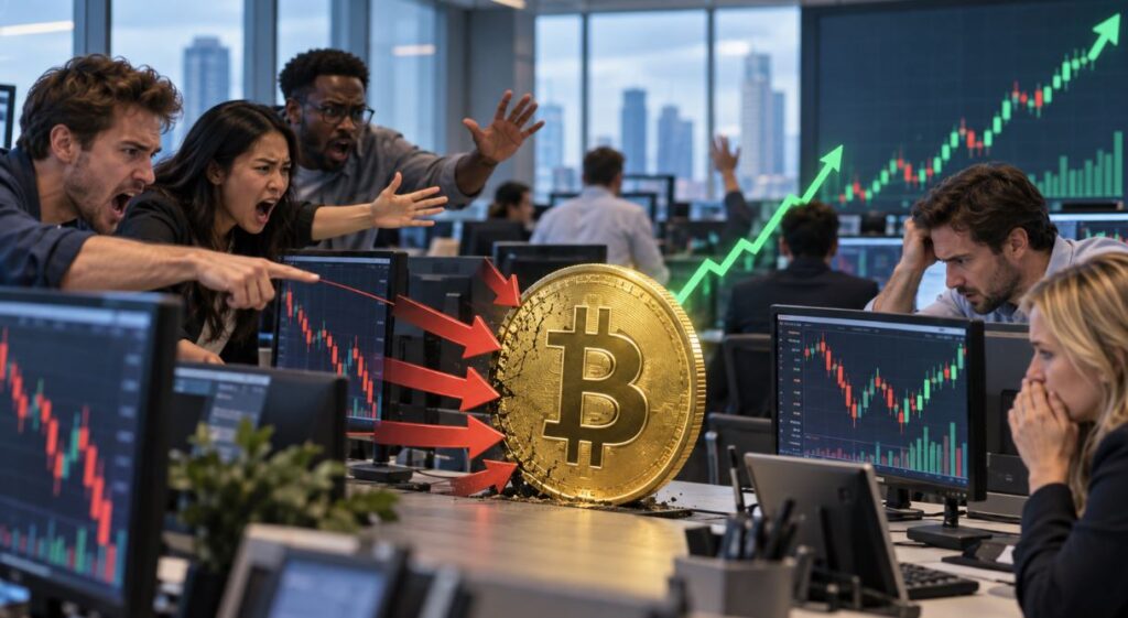 Personas le gritan a una moneda física de bitcoin dentro de una oficina.